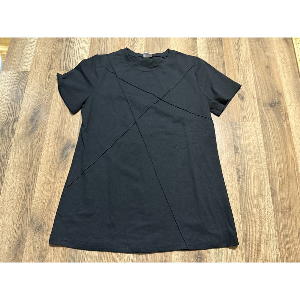 XIEERDUO Shirts Women Size M Black Geometric Seam Detail Short Sleeve Blouse